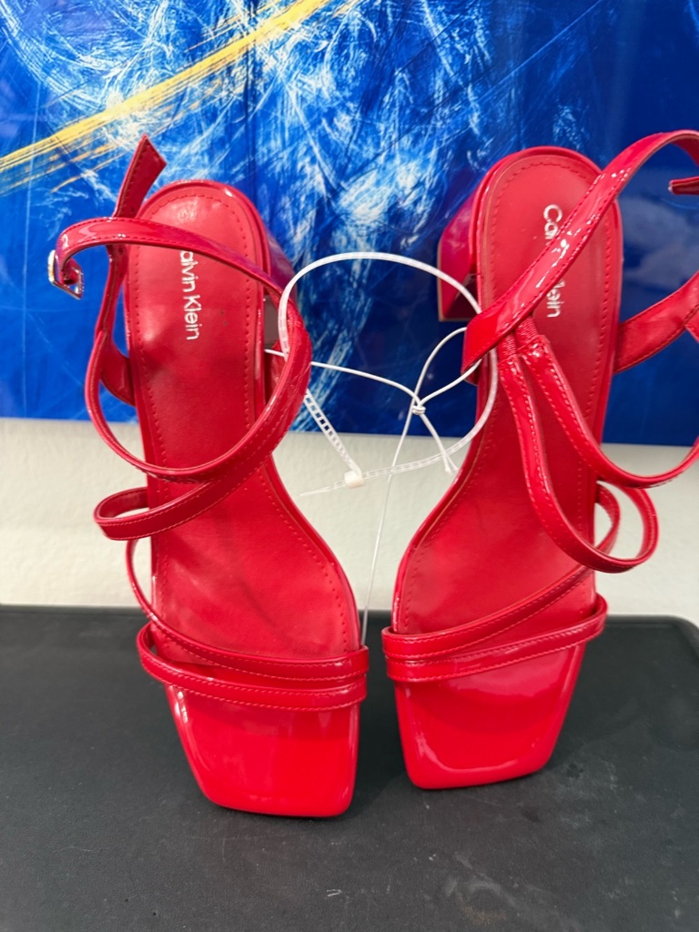 Calvin Klein Red Patent Strappy Sandals with Ankle Wrap